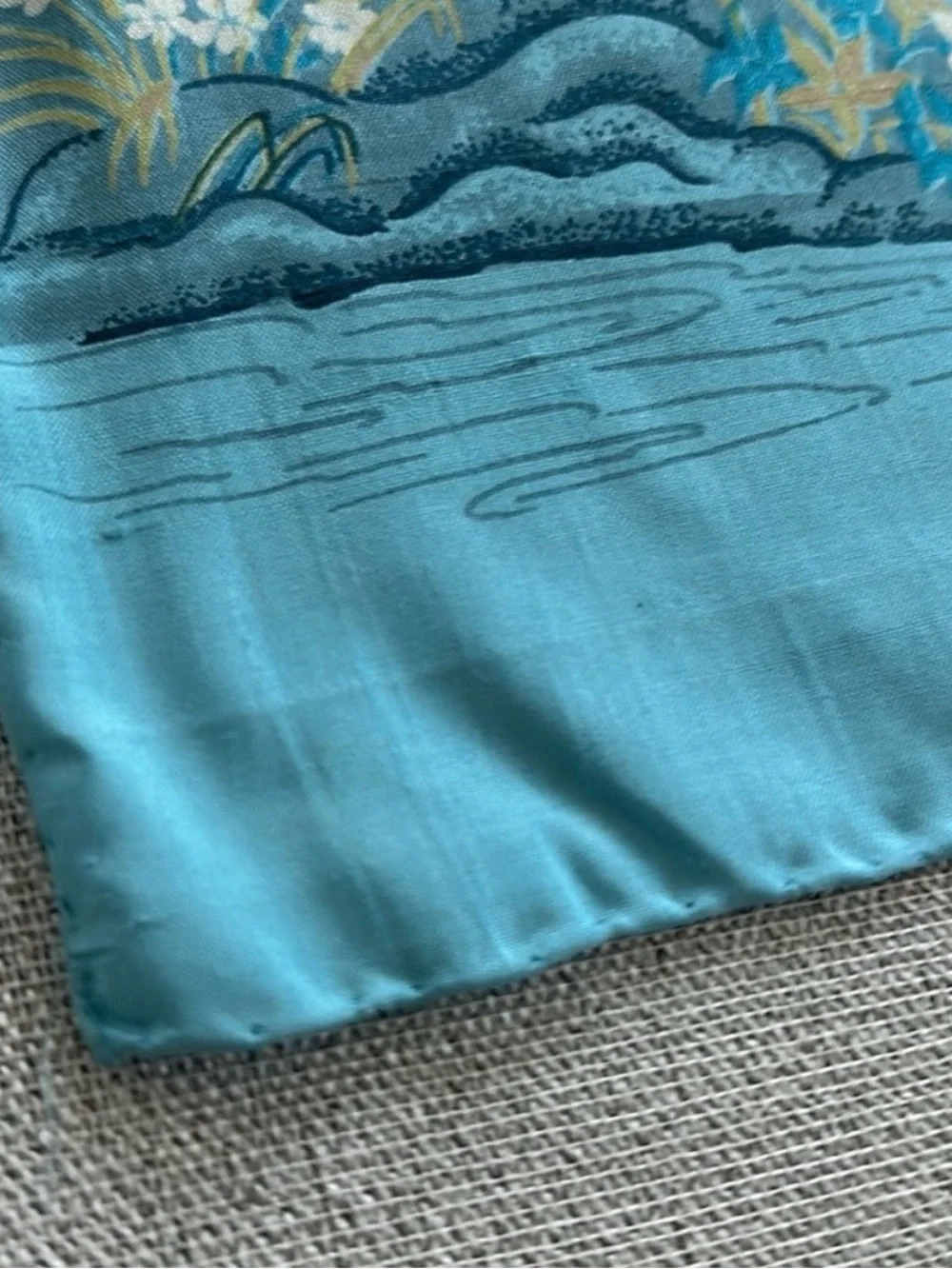 Blue Silk Scarf with Crane and Floral Motif